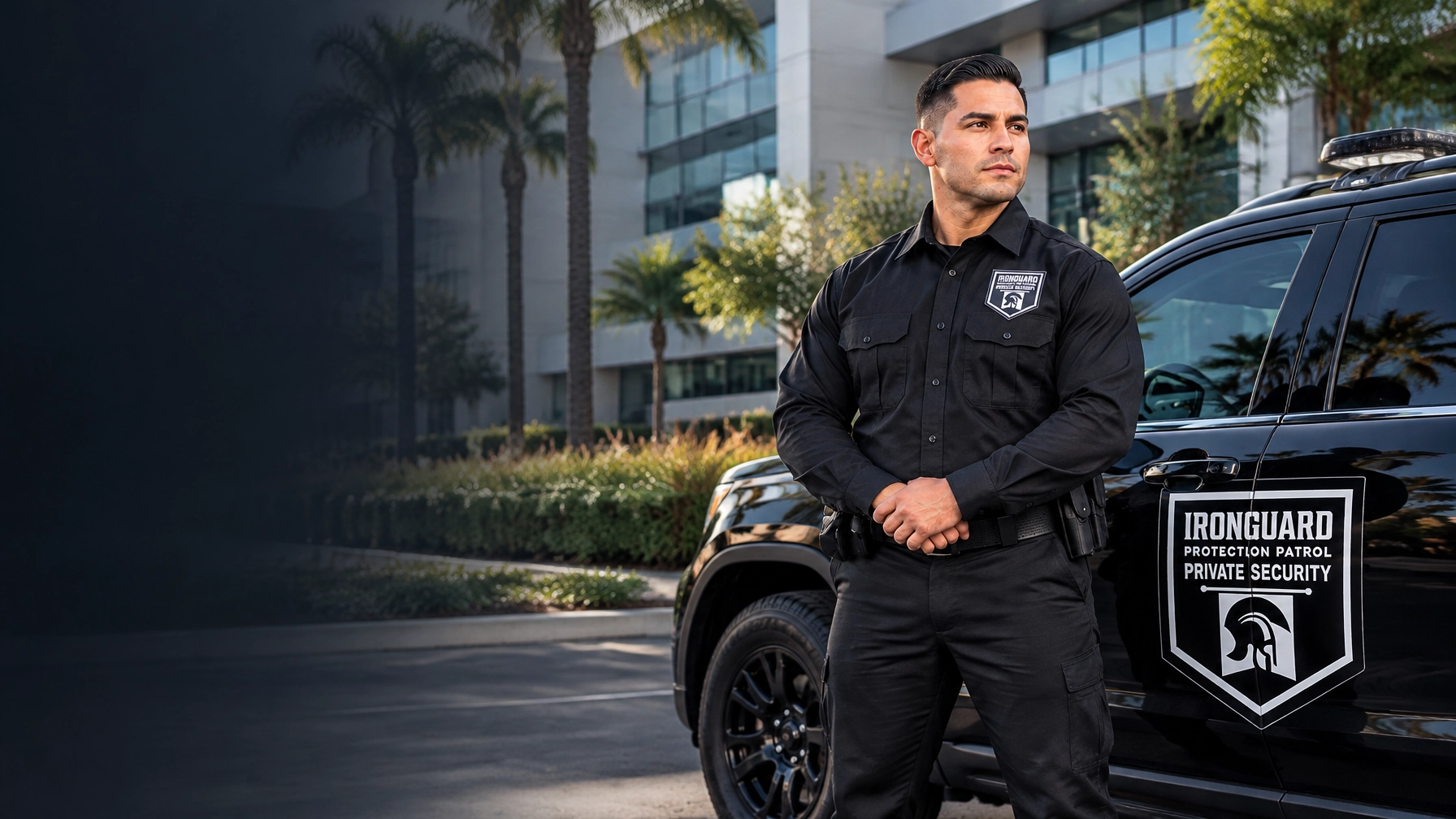 IronGuard officer in a logo uniform beside a branded patrol vehicle