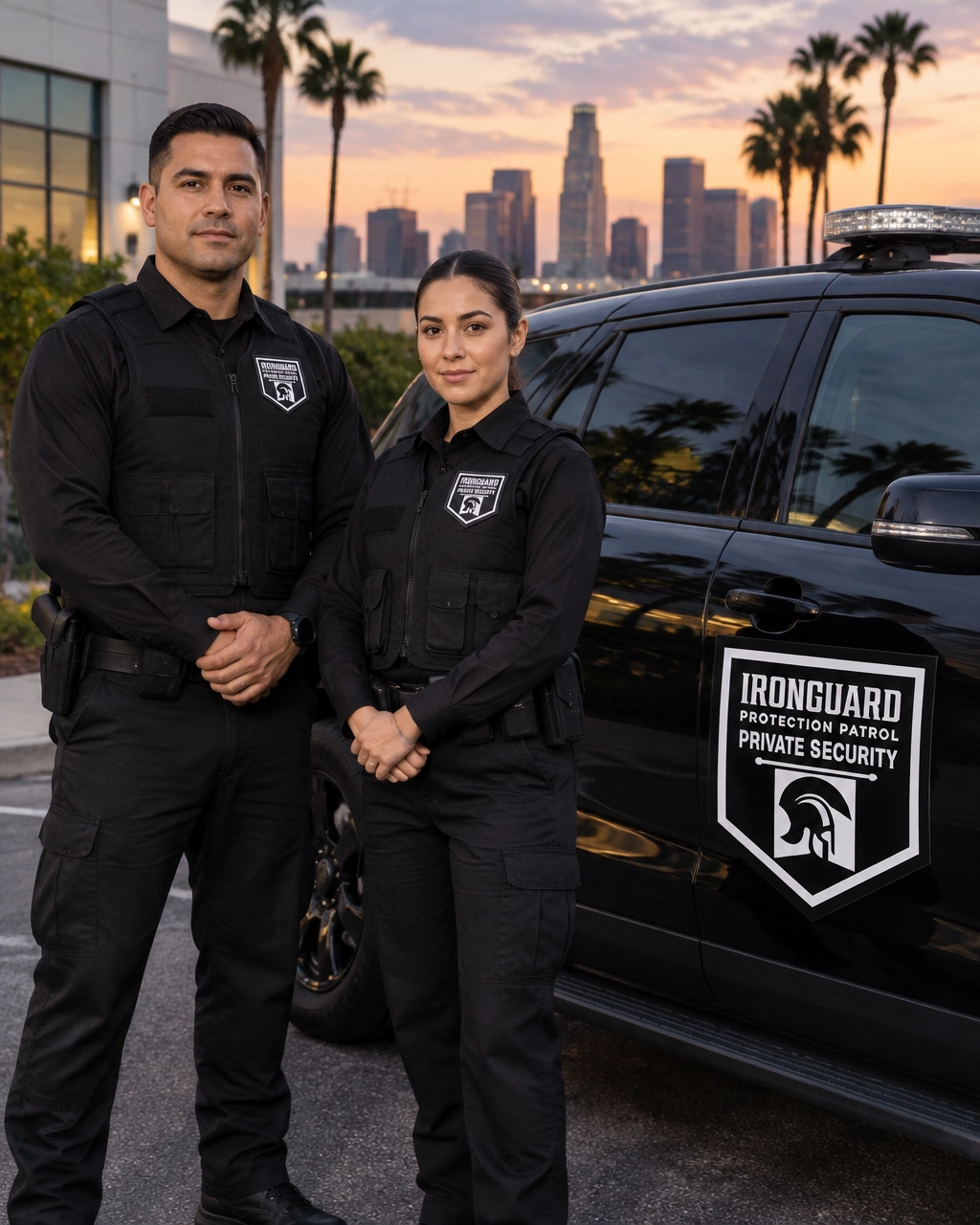 IronGuard officers in logo uniforms beside branded patrol vehicle